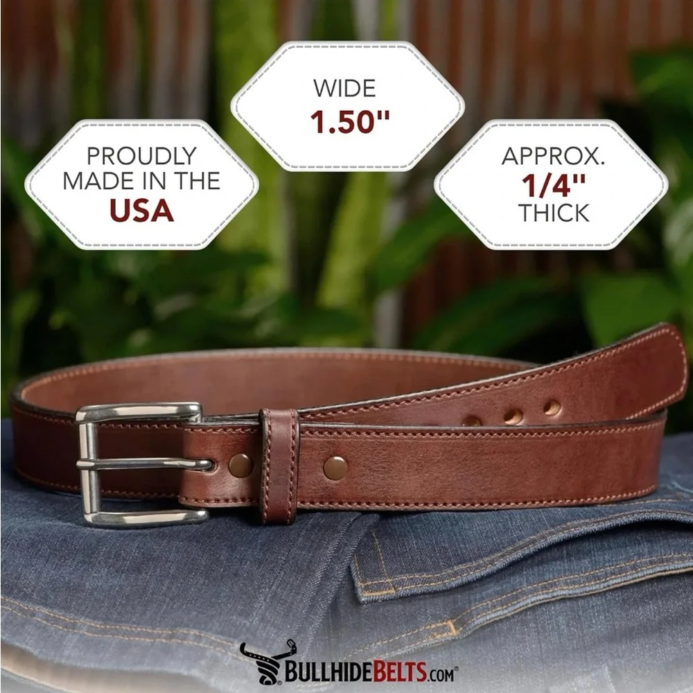 BULLHEAD BELTS Full Grain Leather Stitched Belt W1.50 Inch Wide  Size 34